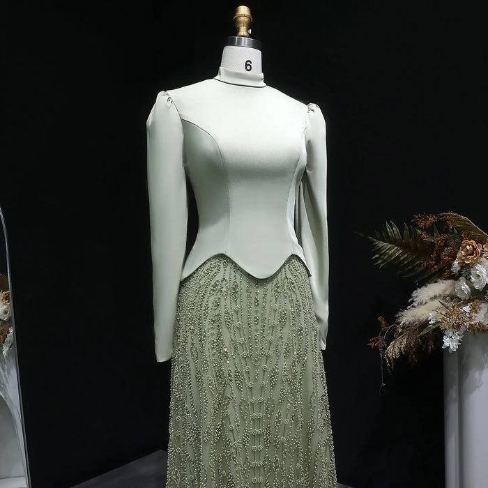 Luxury Sage Green Modest Hijab-Style beaded Evening Dress SS613-DreamyVow