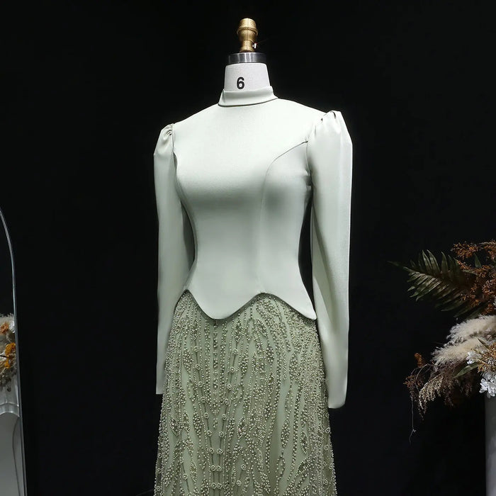 Luxury Sage Green Modest Hijab-Style beaded Evening Dress SS613-DreamyVow