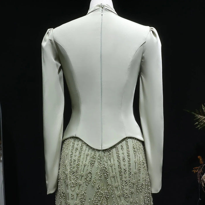 Luxury Sage Green Modest Hijab-Style beaded Evening Dress SS613-DreamyVow