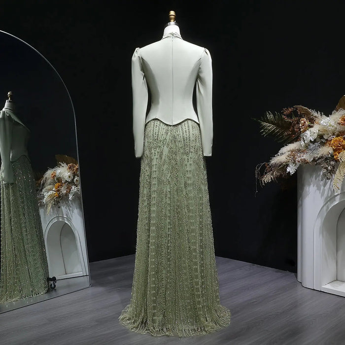 Luxury Sage Green Modest Hijab-Style beaded Evening Dress SS613-DreamyVow