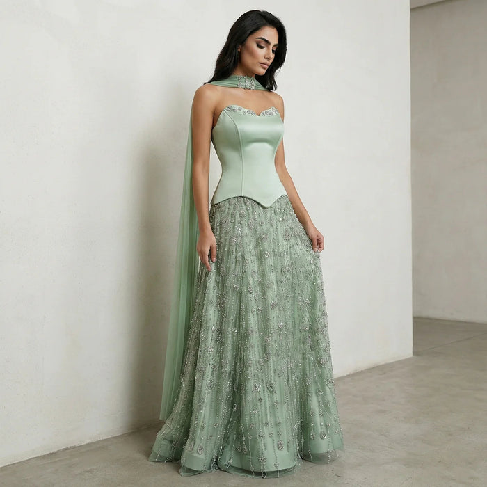 Luxury Sage Green Strapless Beaded Evening Gown with Scarf SS627-DreamyVow