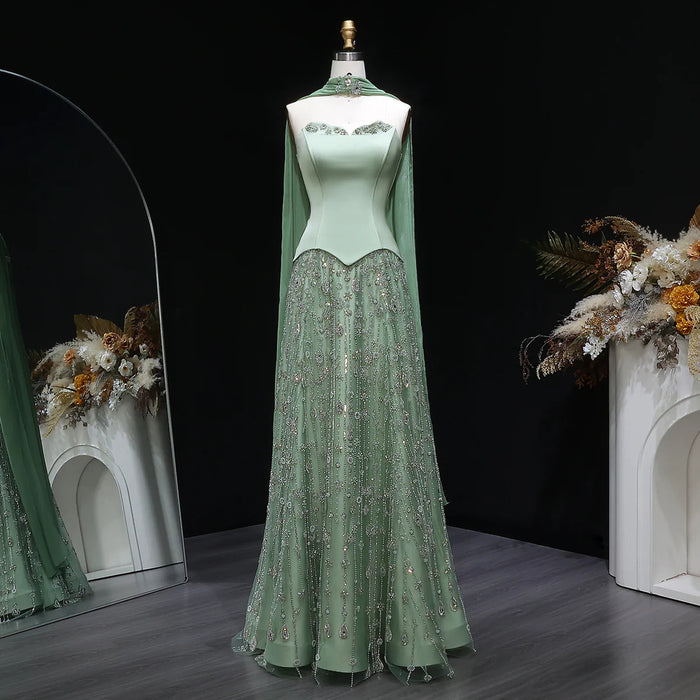 Luxury Sage Green Strapless Beaded Evening Gown with Scarf SS627-DreamyVow
