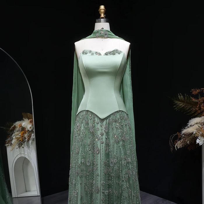 Luxury Sage Green Strapless Beaded Evening Gown with Scarf SS627-DreamyVow