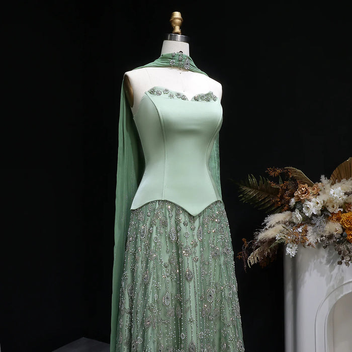 Luxury Sage Green Strapless Beaded Evening Gown with Scarf SS627-DreamyVow