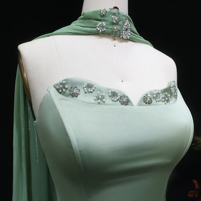 Luxury Sage Green Strapless Beaded Evening Gown with Scarf SS627-DreamyVow