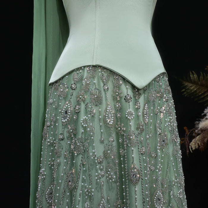 Luxury Sage Green Strapless Beaded Evening Gown with Scarf SS627-DreamyVow