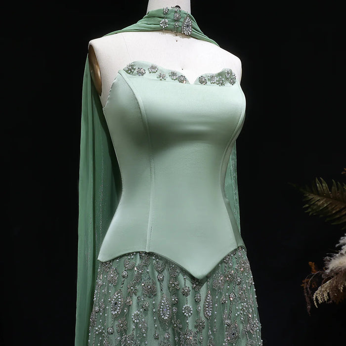 Luxury Sage Green Strapless Beaded Evening Gown with Scarf SS627-DreamyVow