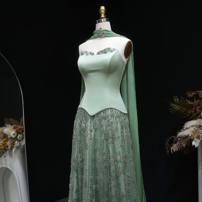 Luxury Sage Green Strapless Beaded Evening Gown with Scarf SS627-DreamyVow