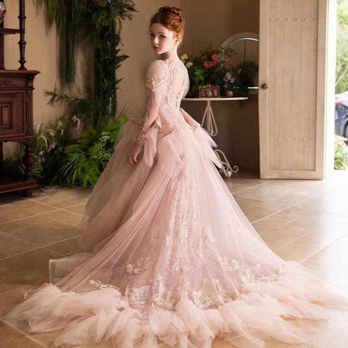 Luxury V-Neck Beaded Flower Girl Long Dress J056