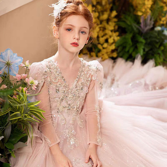 Luxury V-Neck Beaded Flower Girl Long Dress J056