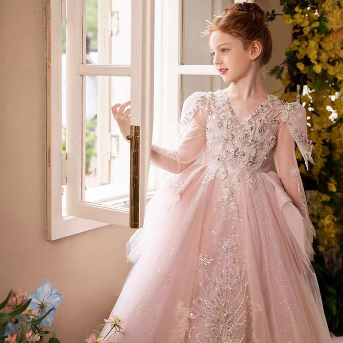 Luxury V-Neck Beaded Flower Girl Long Dress J056