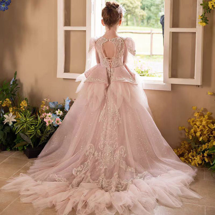 Luxury V-Neck Beaded Flower Girl Long Dress J056