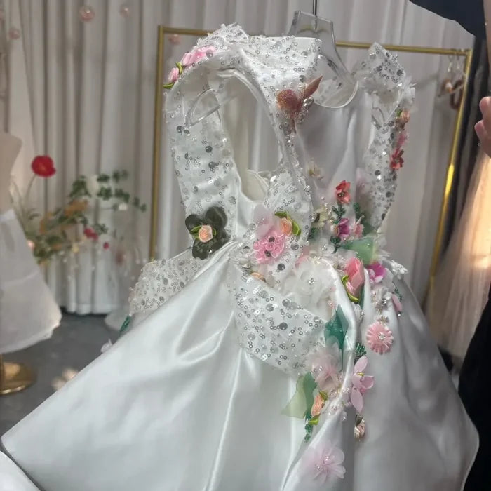 Luxury White Floral Embroidered Princess Birthday Dress J830