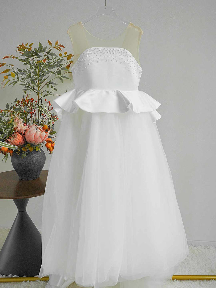 Luxury White Flower Girl Dress with Beaded Bodice and Tulle Skirt J388