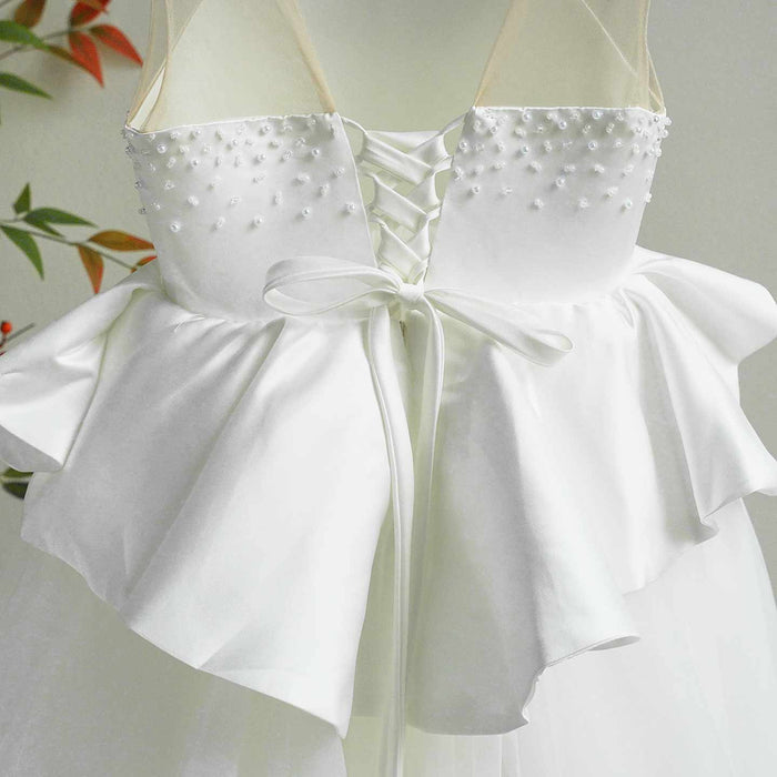 Luxury White Flower Girl Dress with Beaded Bodice and Tulle Skirt J388