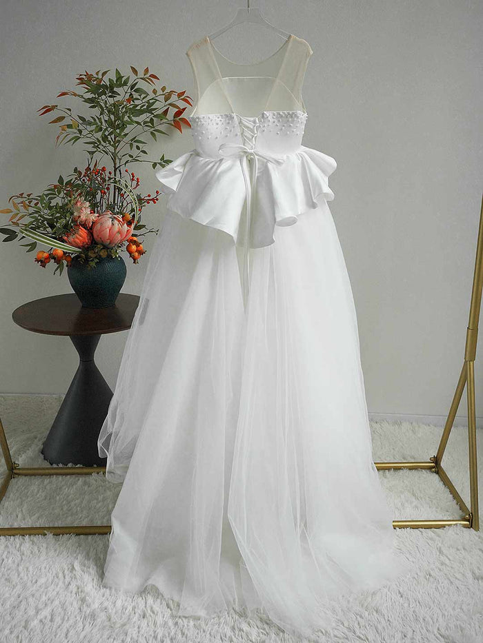 Luxury White Flower Girl Dress with Beaded Bodice and Tulle Skirt J388