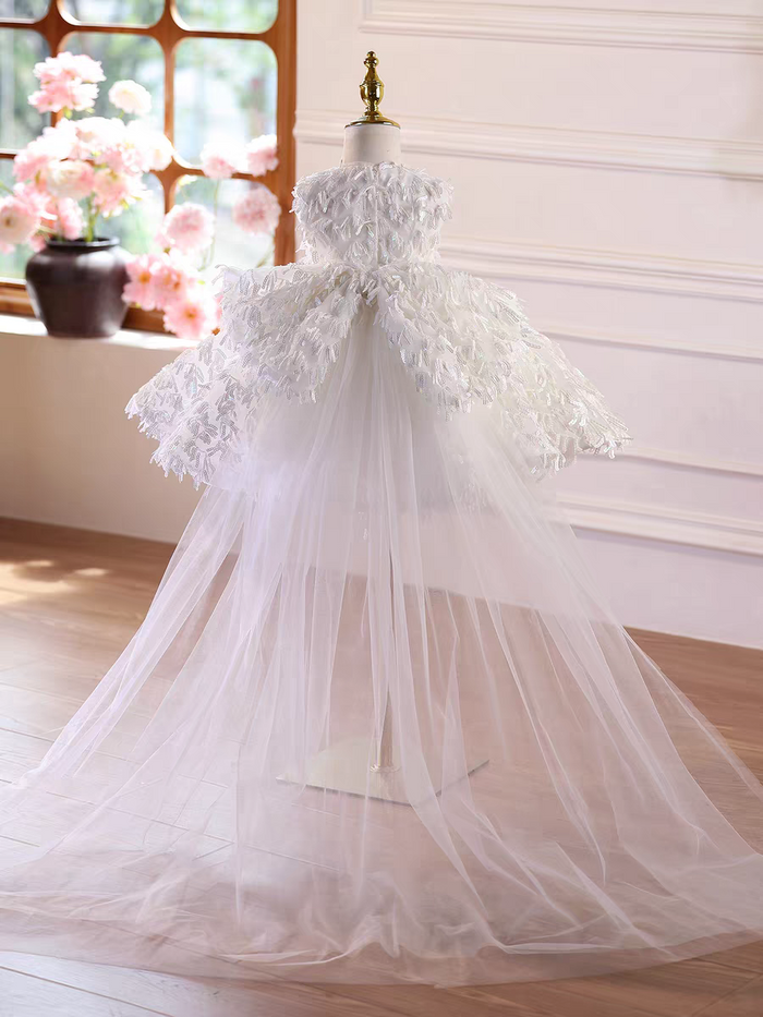 Luxury White Flower Girl Dress with Long Train Birthday Wedding J584