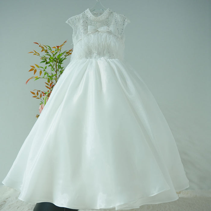 Luxury White Girl Dress Beads Feathers Kids for First Communion J398