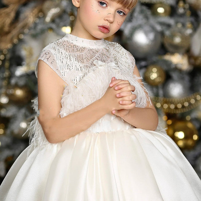 Luxury White Girl Dress Beads Feathers Kids for First Communion J398