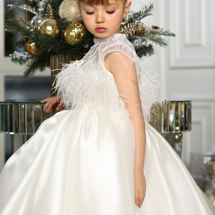 Luxury White Girl Dress Beads Feathers Kids for First Communion J398