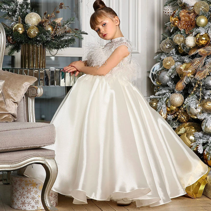 Luxury White Girl Dress Beads Feathers Kids for First Communion J398