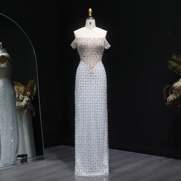 Luxury White Off-Shoulder Beaded Sequin Slim Evening Dress SS610-DreamyVow