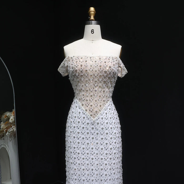 Luxury White Off-Shoulder Beaded Sequin Slim Evening Dress SS610-DreamyVow