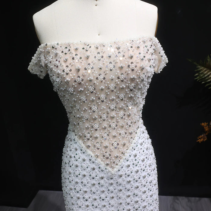Luxury White Off-Shoulder Beaded Sequin Slim Evening Dress SS610-DreamyVow