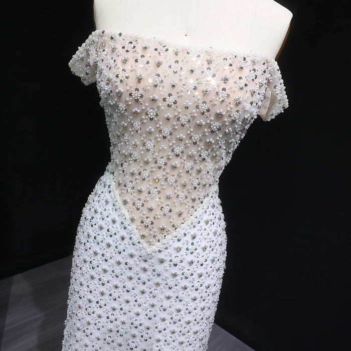Luxury White Off-Shoulder Beaded Sequin Slim Evening Dress SS610-DreamyVow