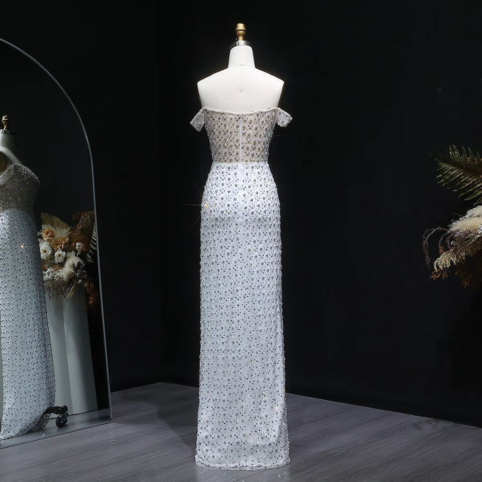 Luxury White Off-Shoulder Beaded Sequin Slim Evening Dress SS610-DreamyVow