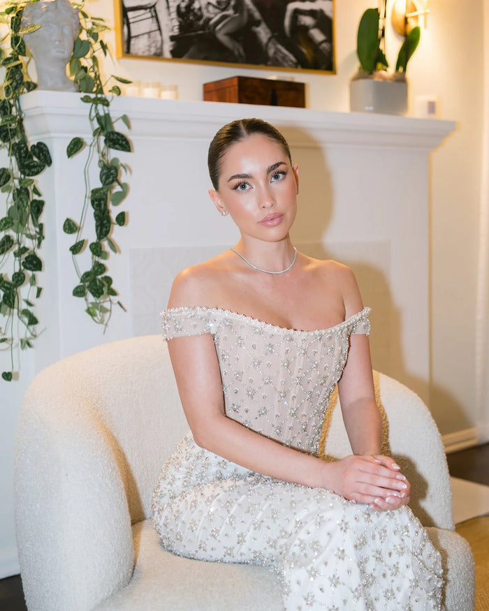 Luxury White Off-Shoulder Beaded Sequin Slim Evening Dress SS610-DreamyVow