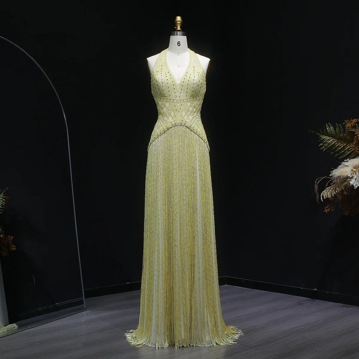 Luxury Yellow Halter Neck Beaded Gala Prom Dress SS554-DreamyVow