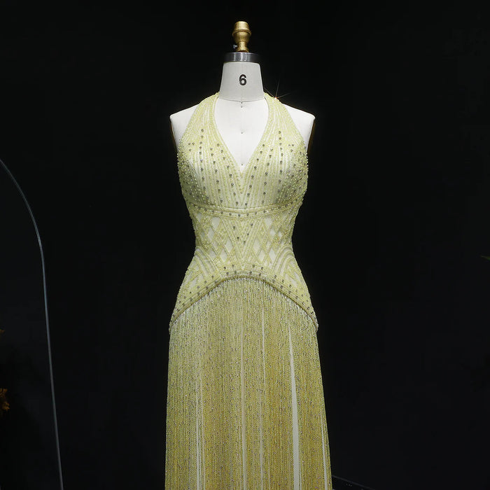 Luxury Yellow Halter Neck Beaded Gala Prom Dress SS554-DreamyVow