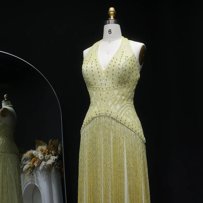 Luxury Yellow Halter Neck Beaded Gala Prom Dress SS554-DreamyVow