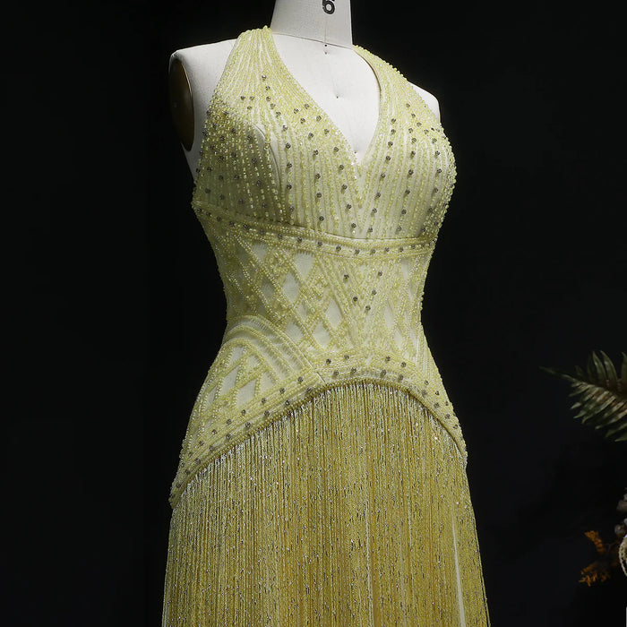 Luxury Yellow Halter Neck Beaded Gala Prom Dress SS554-DreamyVow