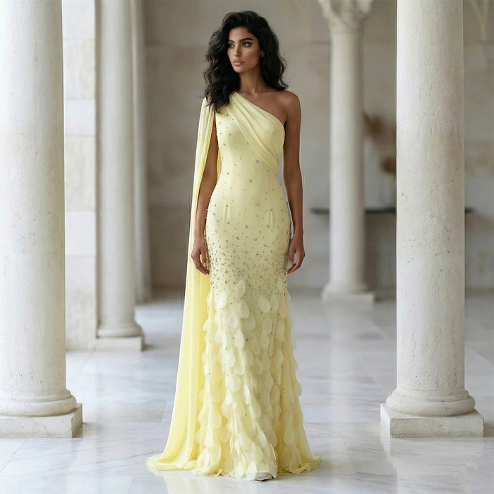 Luxury Yellow One Shoulder Evening Dress with 3D Floral Hem XD034-DreamyVow
