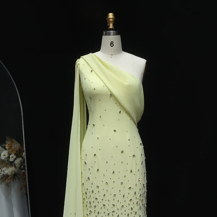 Luxury Yellow One Shoulder Evening Dress with 3D Floral Hem XD034-DreamyVow