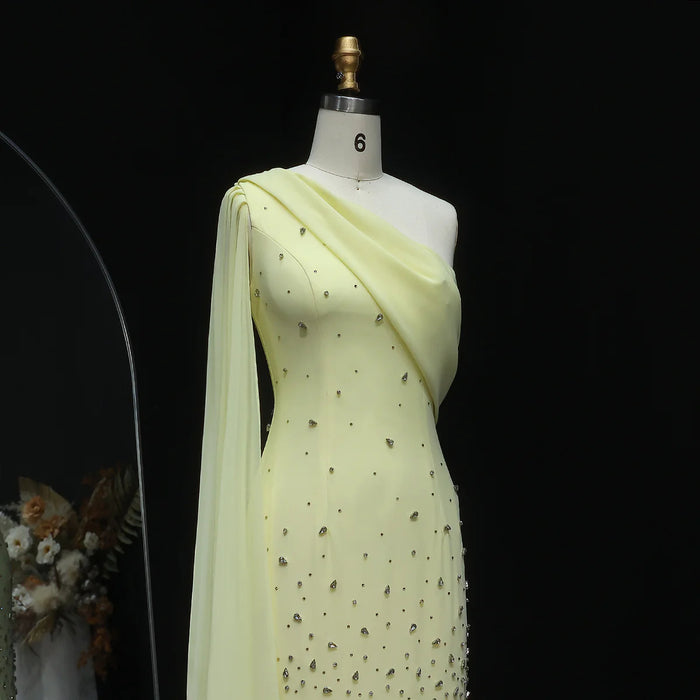 Luxury Yellow One Shoulder Evening Dress with 3D Floral Hem XD034-DreamyVow