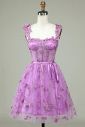 Magenta Butterfly Lace Corset A-Line Homecoming Dress