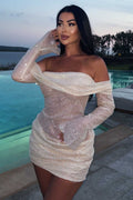 Mature Long Sleeves Off-Shoulder Pleats Glitter Short Homecoming Party Dress