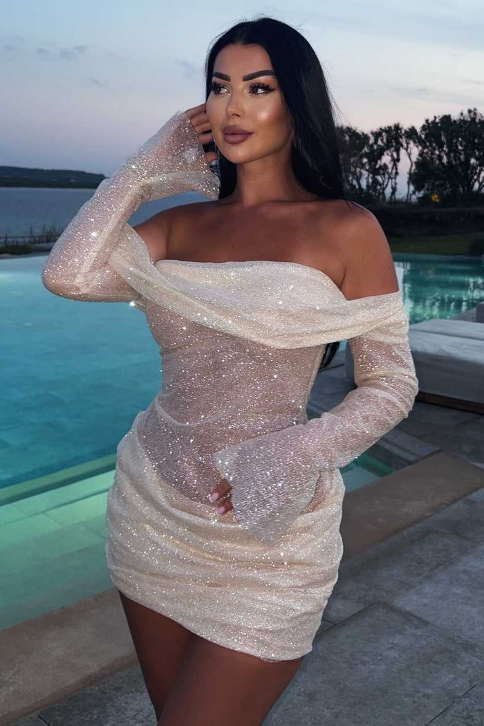 Mature Long Sleeves Off-Shoulder Pleats Glitter Short Homecoming Party Dress