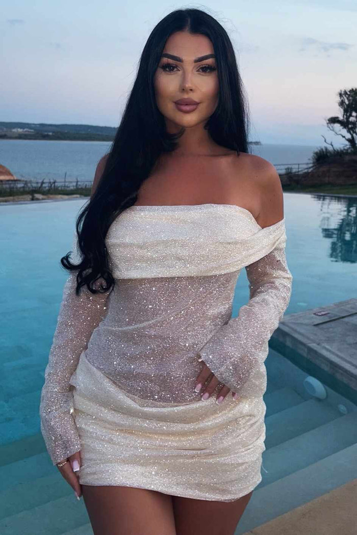 Mature Long Sleeves Off-Shoulder Pleats Glitter Short Homecoming Party Dress