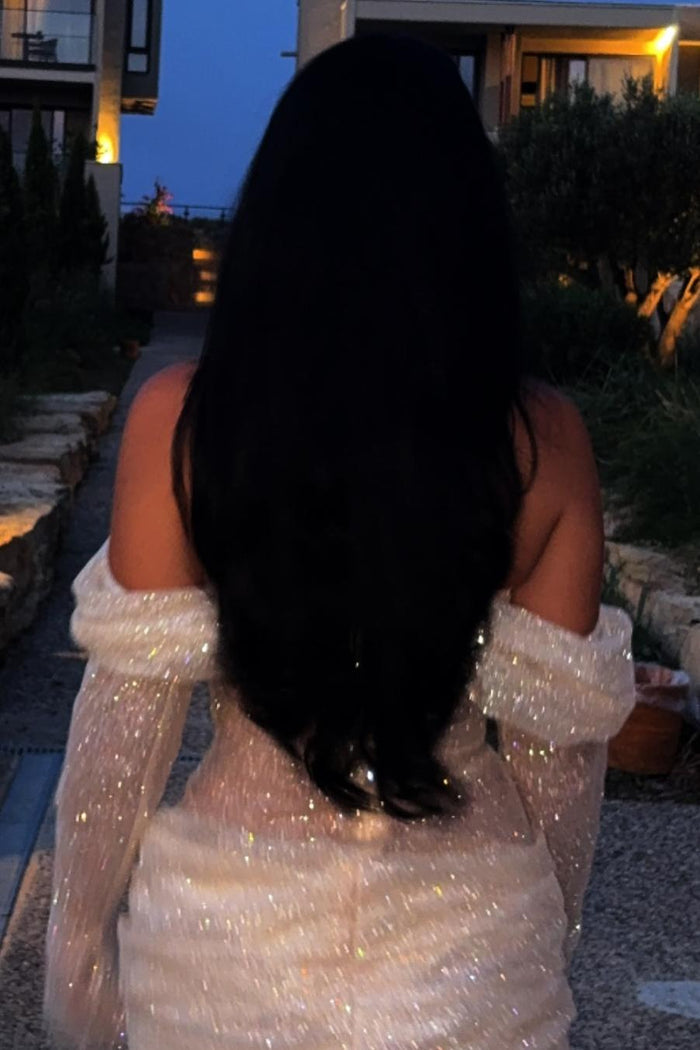 Mature Long Sleeves Off-Shoulder Pleats Glitter Short Homecoming Party Dress