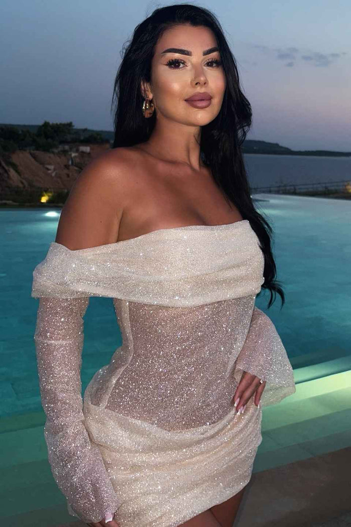 Mature Long Sleeves Off-Shoulder Pleats Glitter Short Homecoming Party Dress