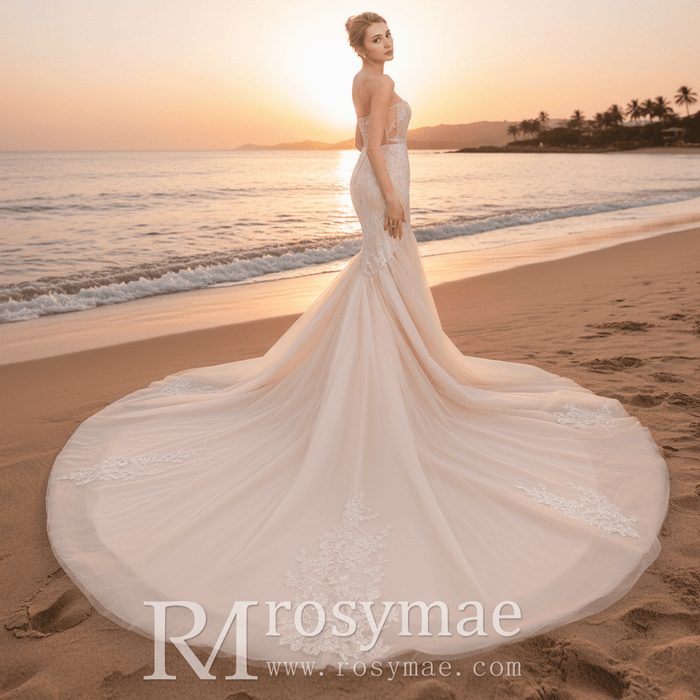 Mermaid Boho Wedding Dress Strapless Bridal Wedding Gown - Rosymae