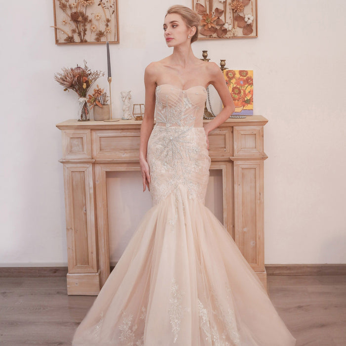Mermaid Boho Wedding Dress Strapless Bridal Wedding Gown - Rosymae
