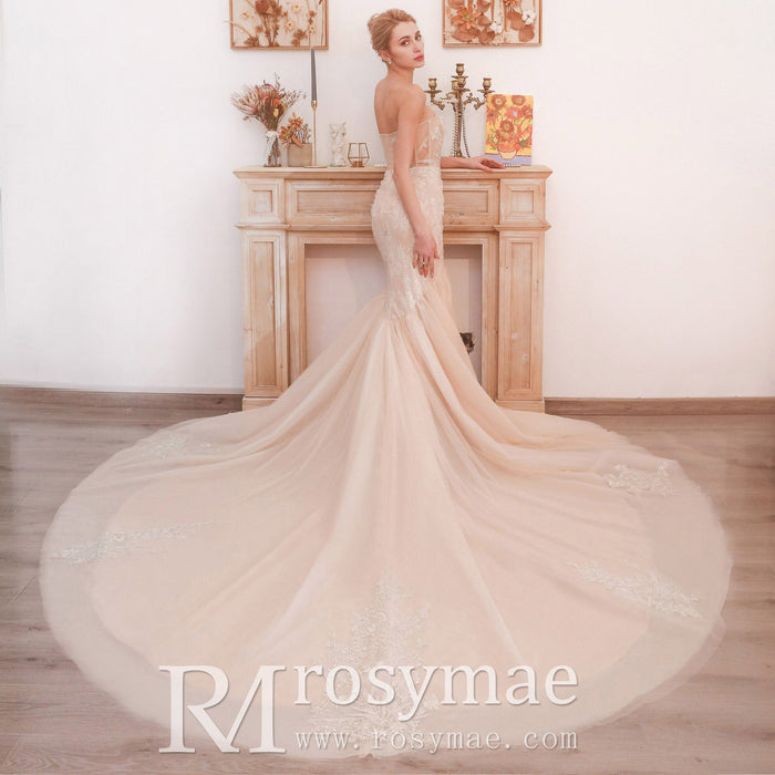 Mermaid Boho Wedding Dress Strapless Bridal Wedding Gown - Rosymae