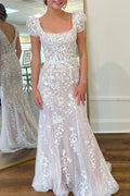 Mermaid Lace Appliques Scoop Short Sleeves Long Prom Dress
