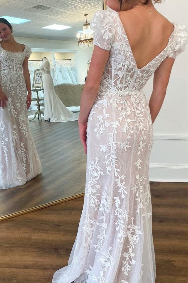 Mermaid Lace Appliques Scoop Short Sleeves Long Prom Dress