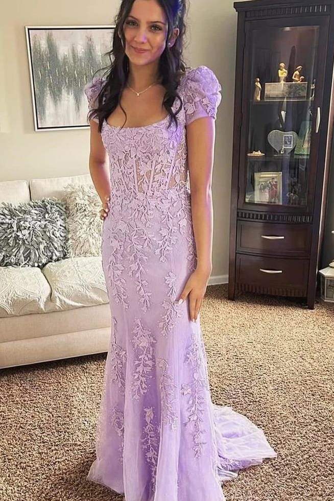Mermaid Lace Appliques Scoop Short Sleeves Long Prom Dress